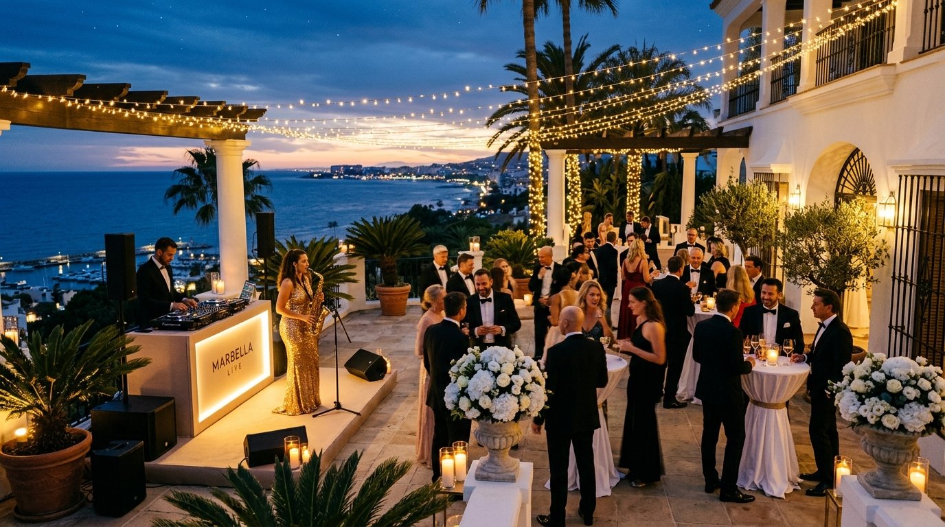 Elegant evening event on a Marbella villa terrace with a DJ and live saxophonist