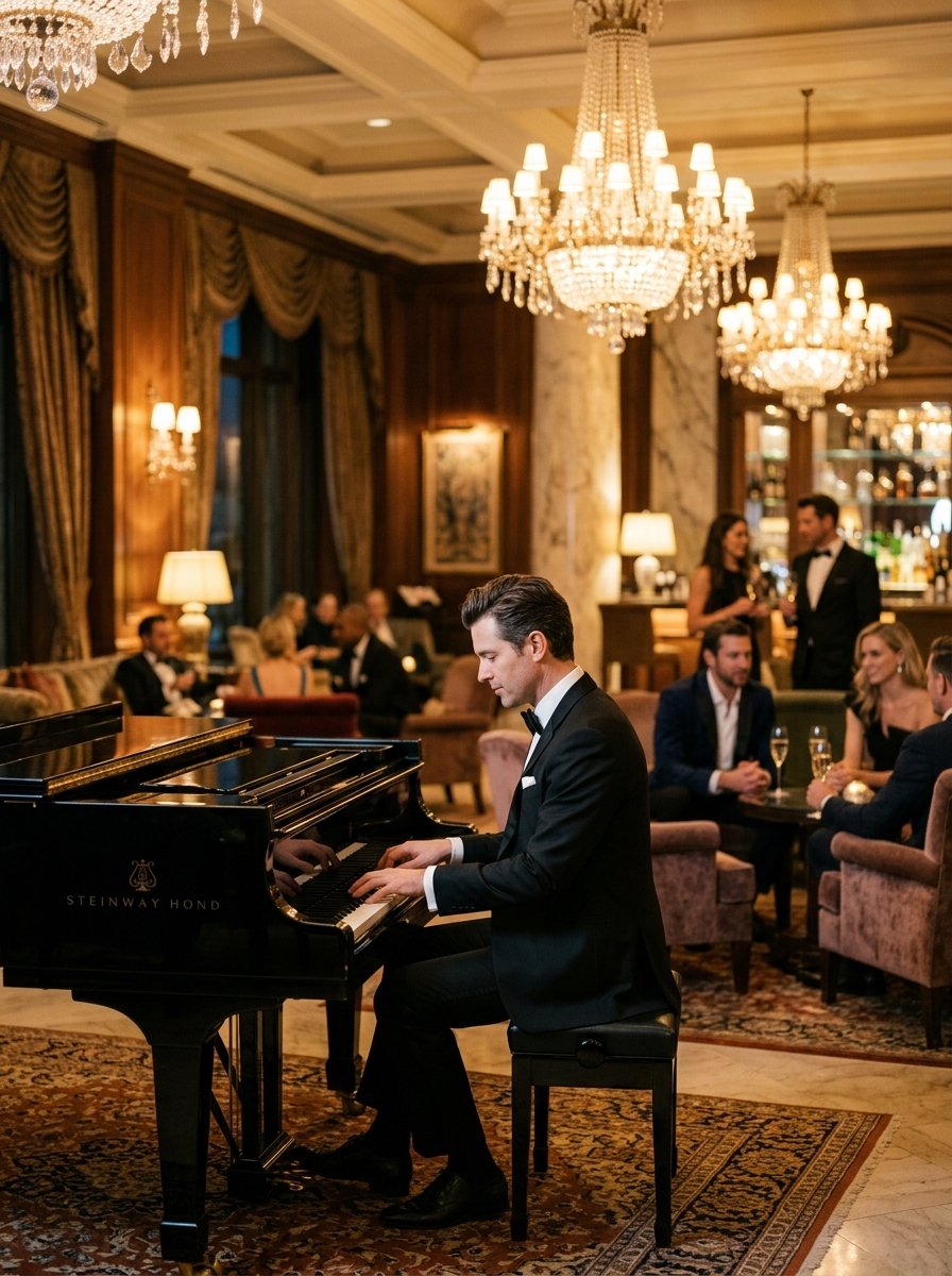 Pianist playing a grand piano in a luxury hotel lounge