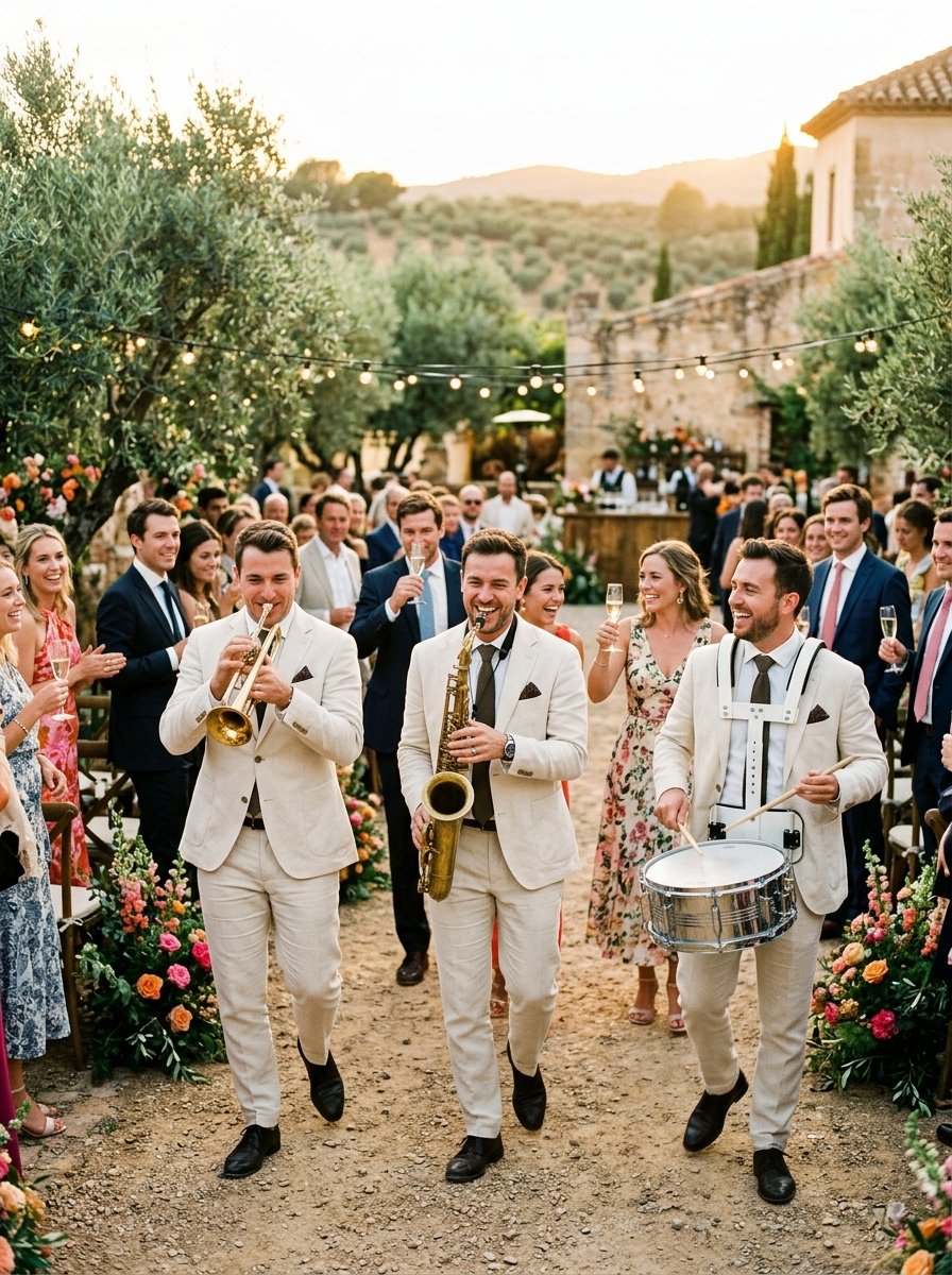 Roaming band with trumpet, saxophone and drum at a wedding cocktail